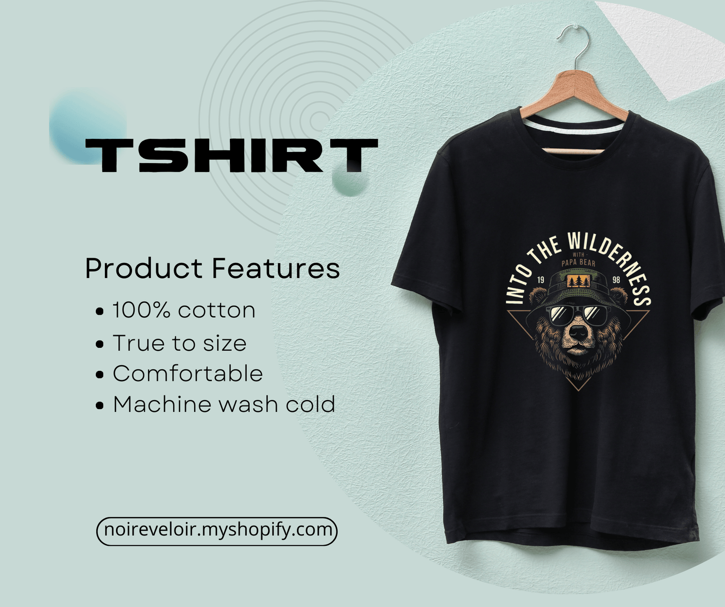 Into The Wilderness Papa Bear Graphic T-Shirt - Black, Crew Neck, Men’s Casual Wear