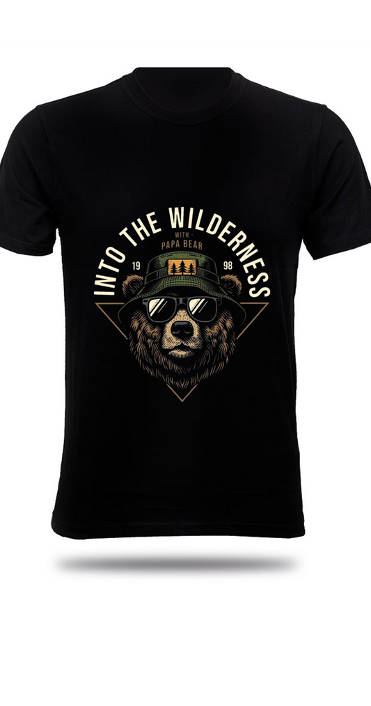 Into The Wilderness Papa Bear Graphic T-Shirt - Black, Crew Neck, Men’s Casual Wear