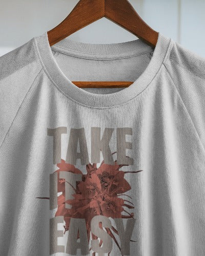 Men's White Graphic Printed Cotton T-Shirt - "Take It Easy" Casual Wear-- TSE-1001-WHT