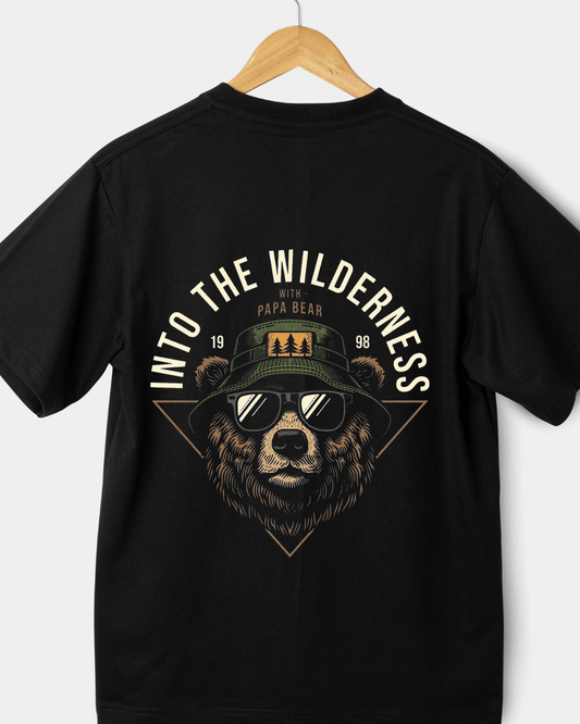 Into The Wilderness Papa Bear Graphic T-Shirt - Black, Crew Neck, Men’s Casual Wear