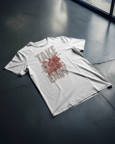 Men's White Graphic Printed Cotton T-Shirt - "Take It Easy" Casual Wear-- TSE-1001-WHT